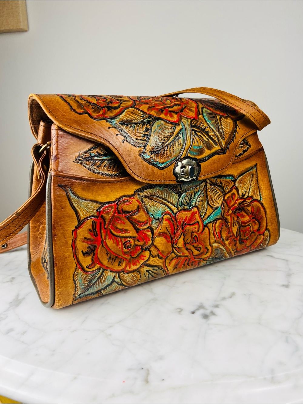 Vintage 70s Tooled Leather Shoulder Bag – Hand-Painted Roses & Turquoise